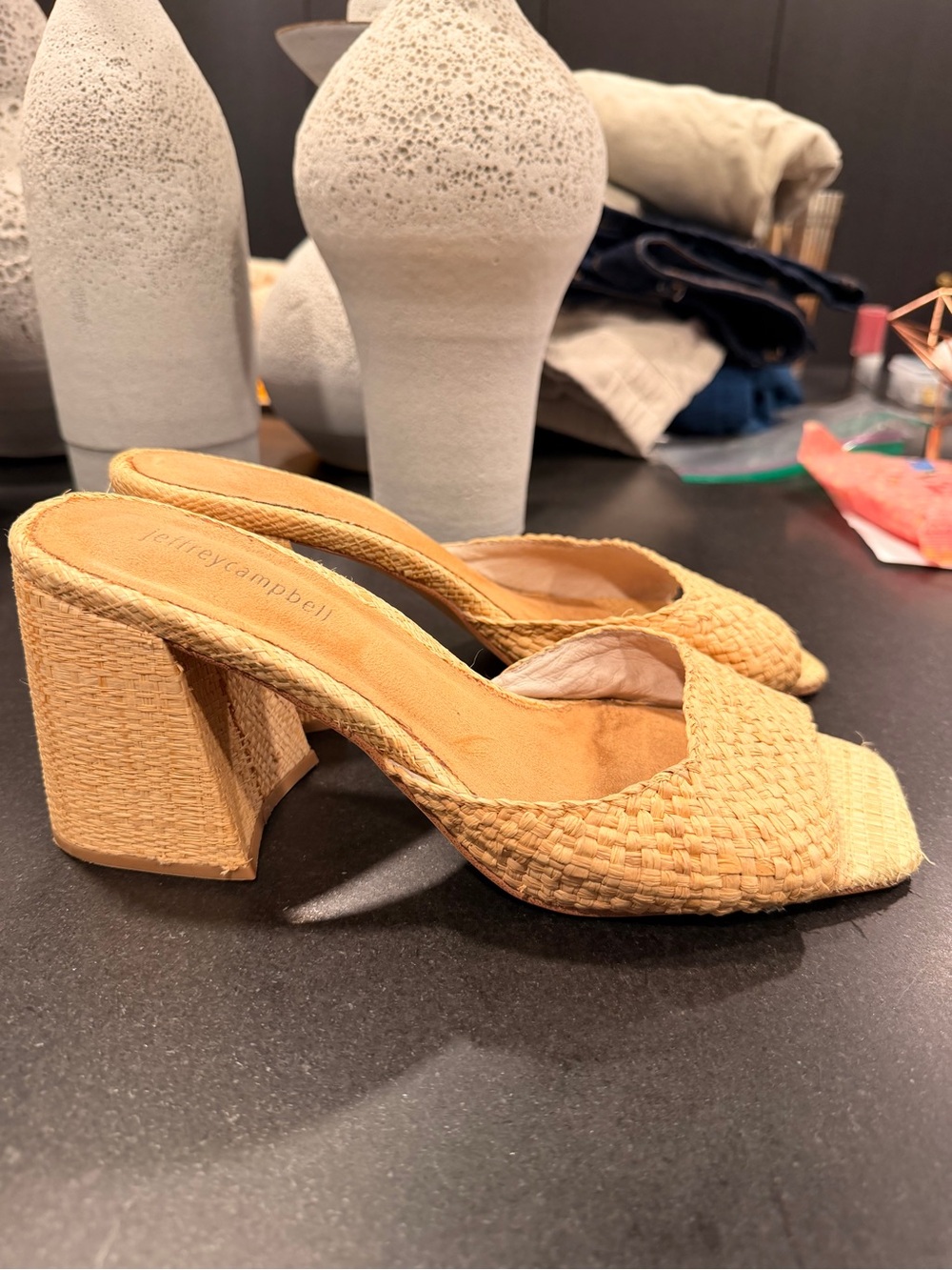 Jeffrey Campbell Beige Straw Woven Block Heel Mules
